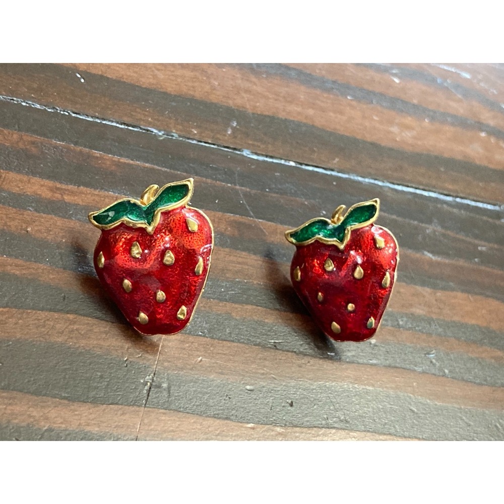 Strawberry Post Earrings Red Green Enamel Gold Tone